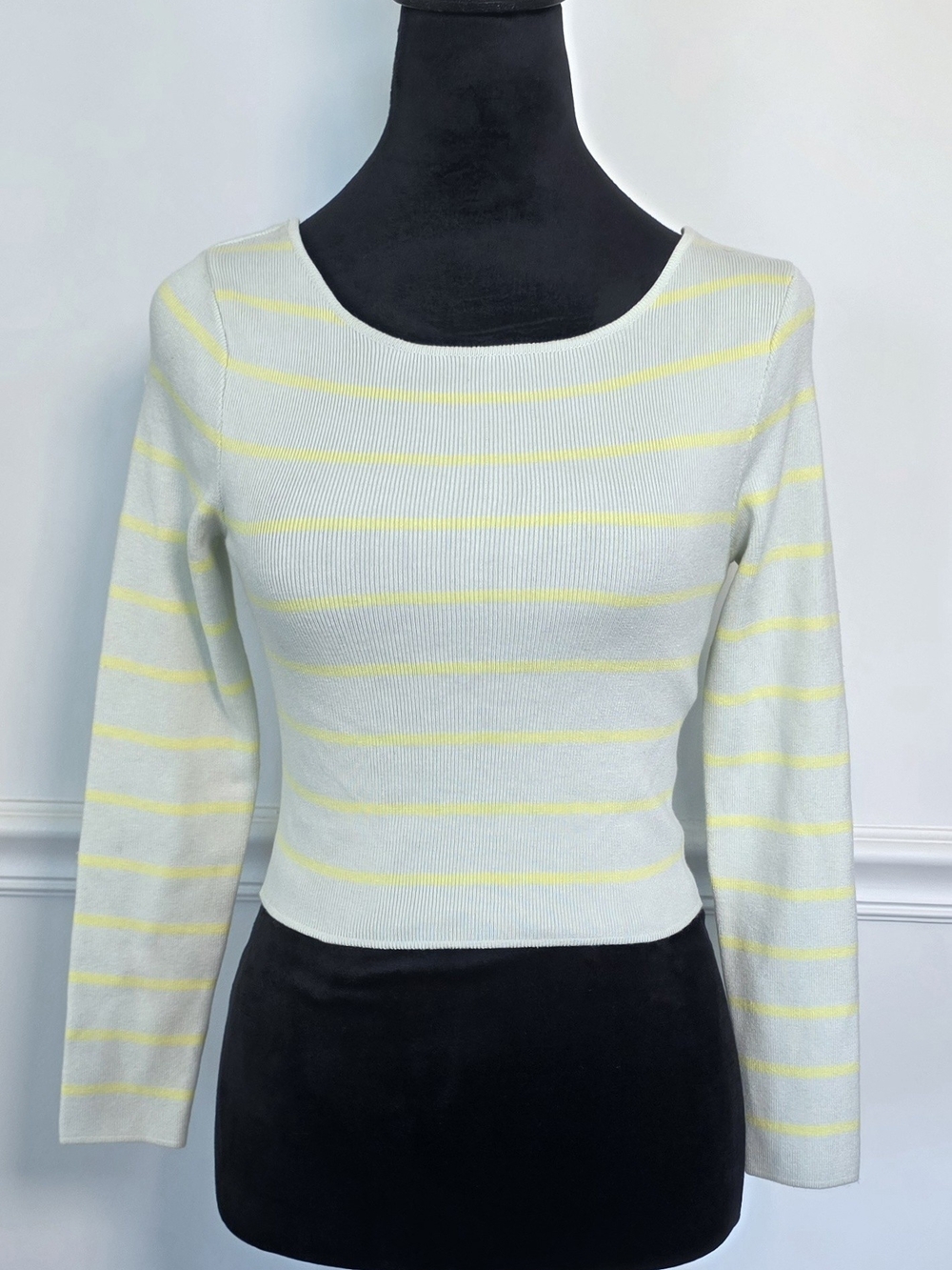 ZARA NWT Size S Mint Yellow Striped Knit Crop Top Low Scoop Back Sweater